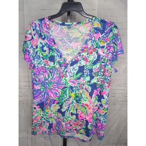 Lilly Pulitzer Navy Pink Green Floral V-Neck Short Sleeve Tee